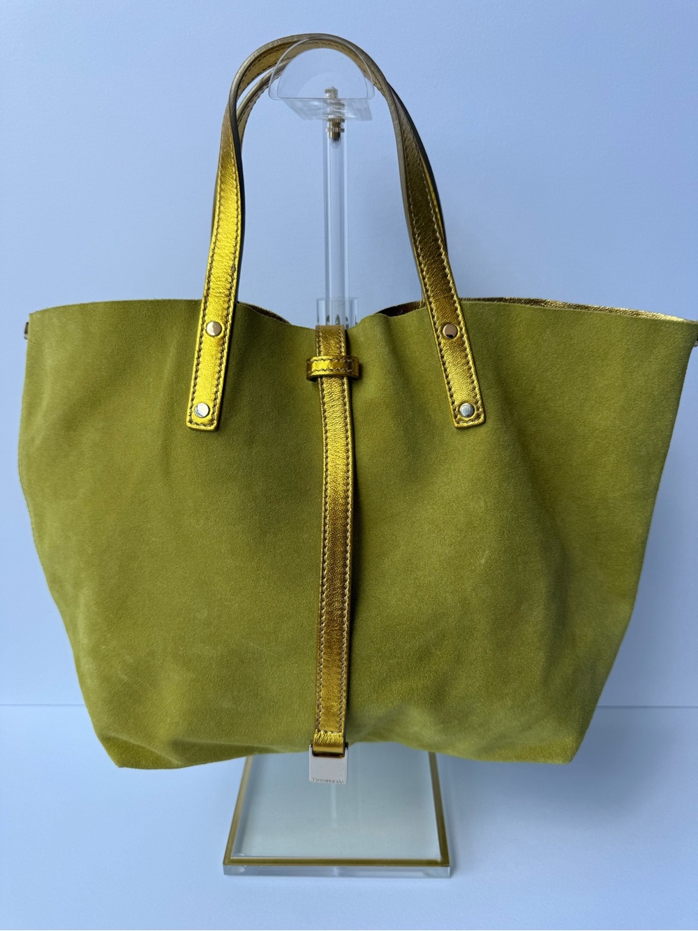 Tiffany & Co. Olive Green Suede Reversible Tote with Metallic Gold Handles